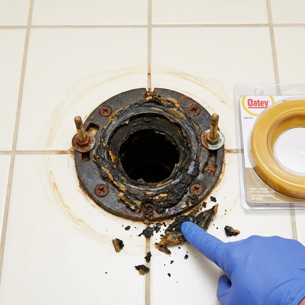 Failed wax ring showing water seepage at the base of a toilet in a Athens, WI home