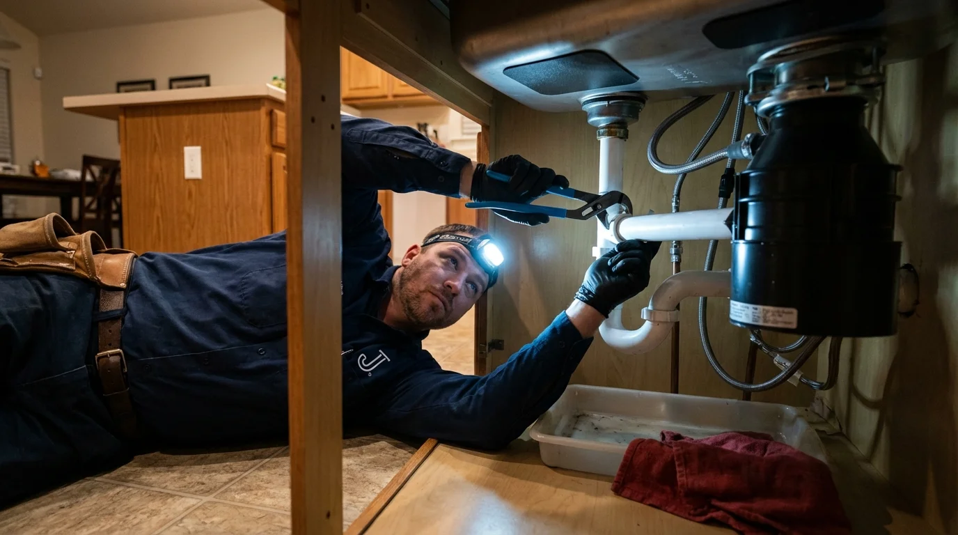 P-trap and supply line connections under a kitchen sink showing a common leak point in Athens, WI